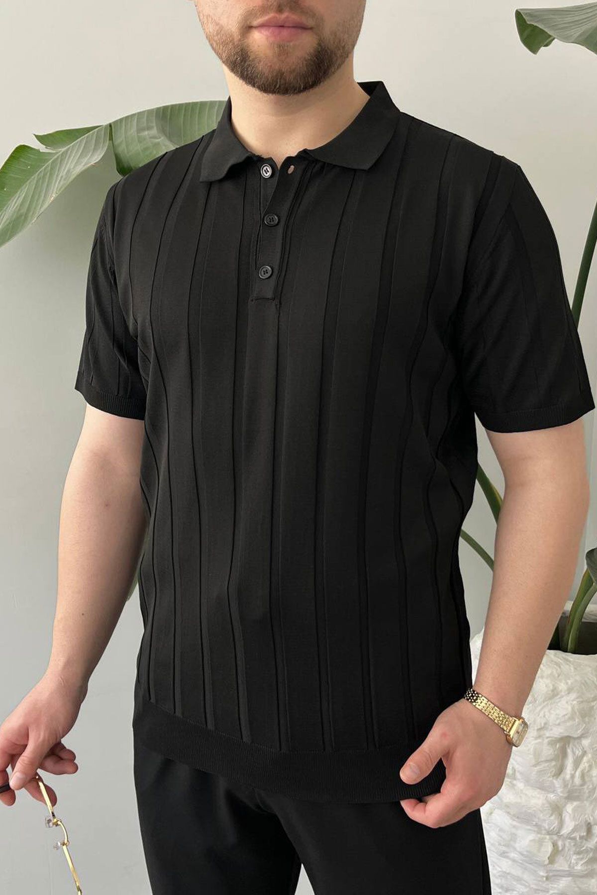 BayAygün BayAygun 5050 Triko Dügmeli Polo Yaka Tshırt_Siyah