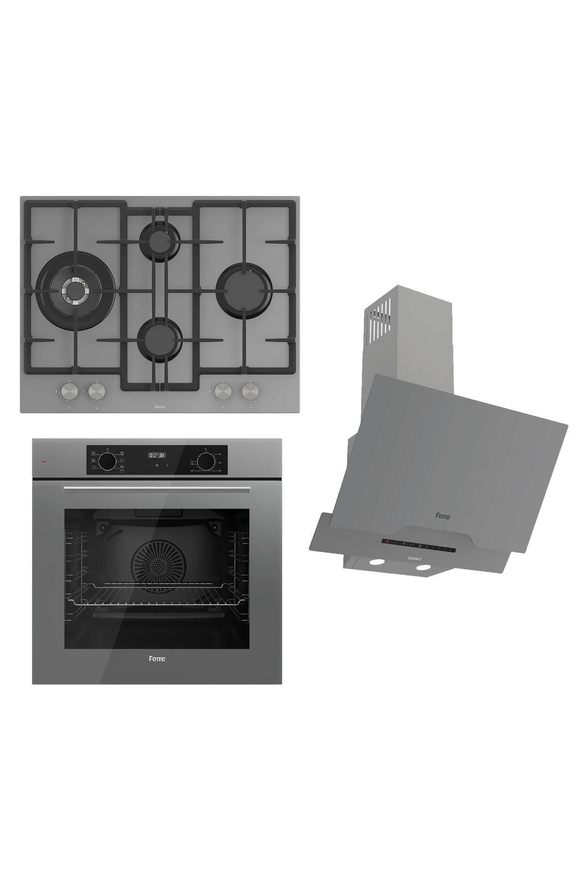 Ferre FLOWART-SILENTART Serisi Gri Set (ED078 + QBL63CPR +D065-SA ) - Döküm Izgara / 67 cm Ocak