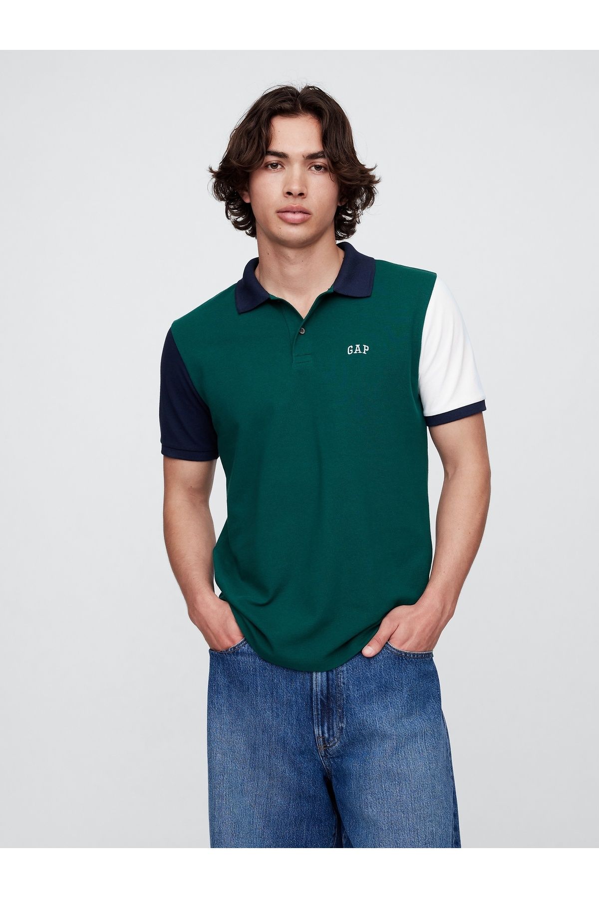 GAP Erkek Koyu Yeşil Colorblock Stretch Pique Polo T-Shirt