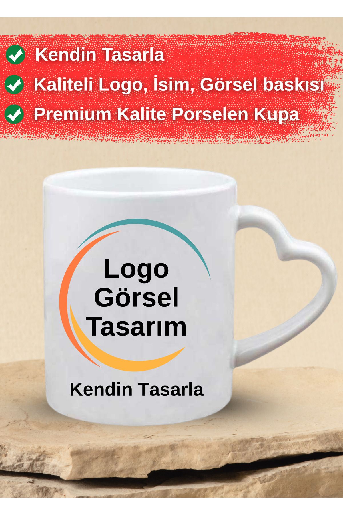 DEKOR HANEM Kendin Tasarla Premium Kalp Kulplu Kupa Bardak