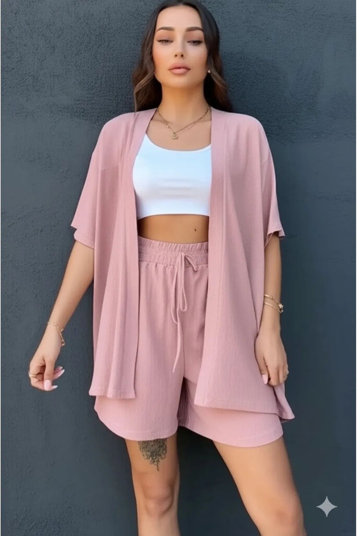 DEEPSENSE Kadın Pembe Bürümcük Kimono Yelek Şort Alt-Üst Takım