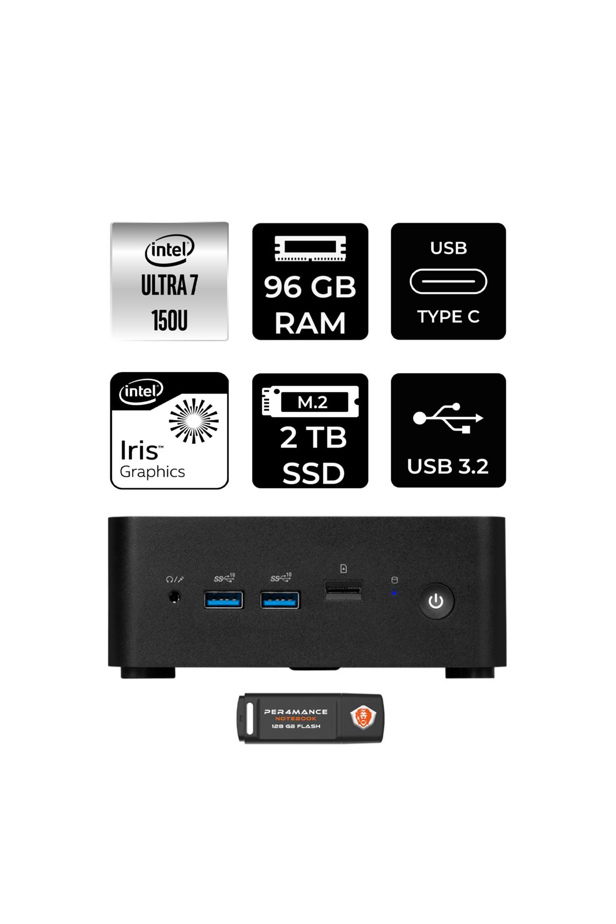 MSI Cubi NUC 7 150U 96GB 2TB SSD W11P Mini Masaüstü Bilgisayar & PER4 USB Bellek