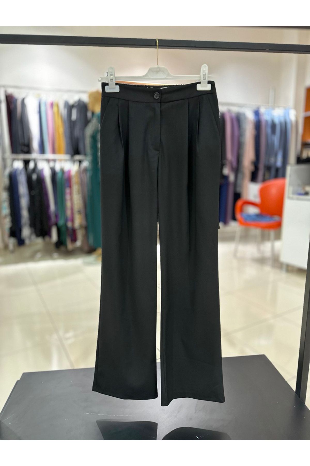 Düşes-Kaside Kadın Siyah Beli Lastikli Geniş Paça Pantolon