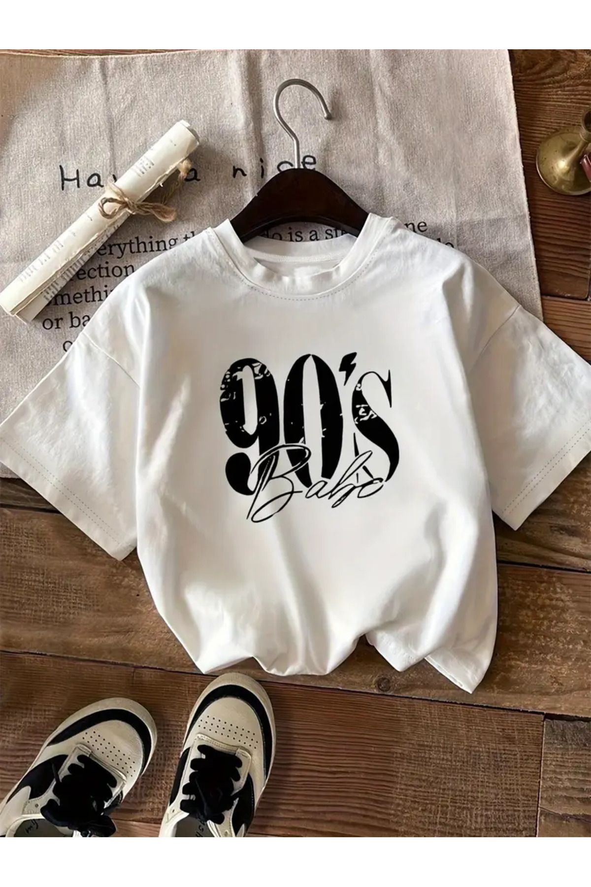 GALASHOP 90 lar Desenli Kısa Kollu Rahat Yuvarlak Yaka T-Shirt