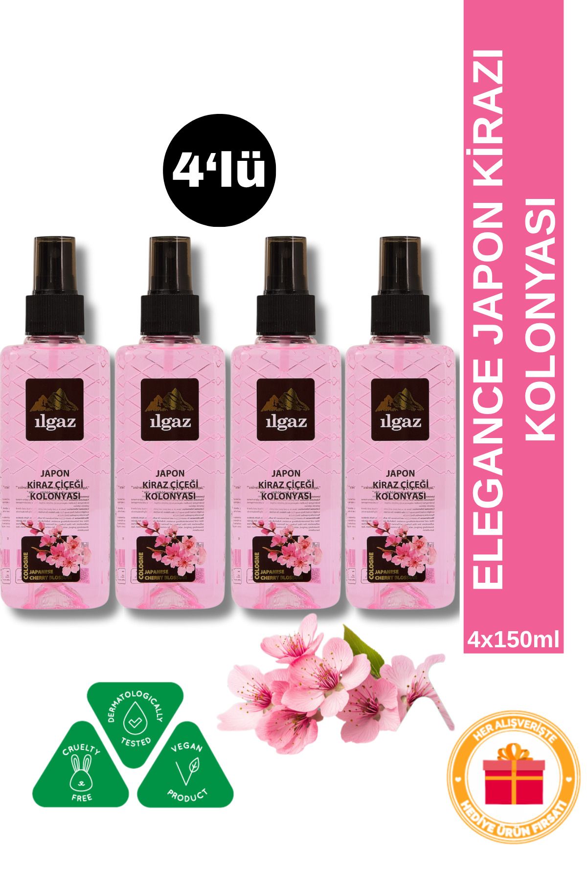 ILGAZ Japon Kirazı Çiçeği Kolonyası 4'lü Sprey Set Cep Boy - 4x150 ml