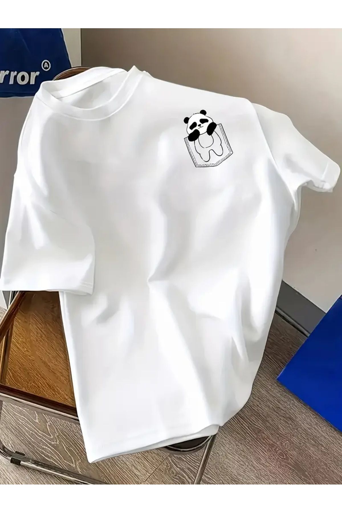 GALASHOP Panda Cep Baskılı Rahat Yuvarlak Yaka Tişört, %100 Pamuk
