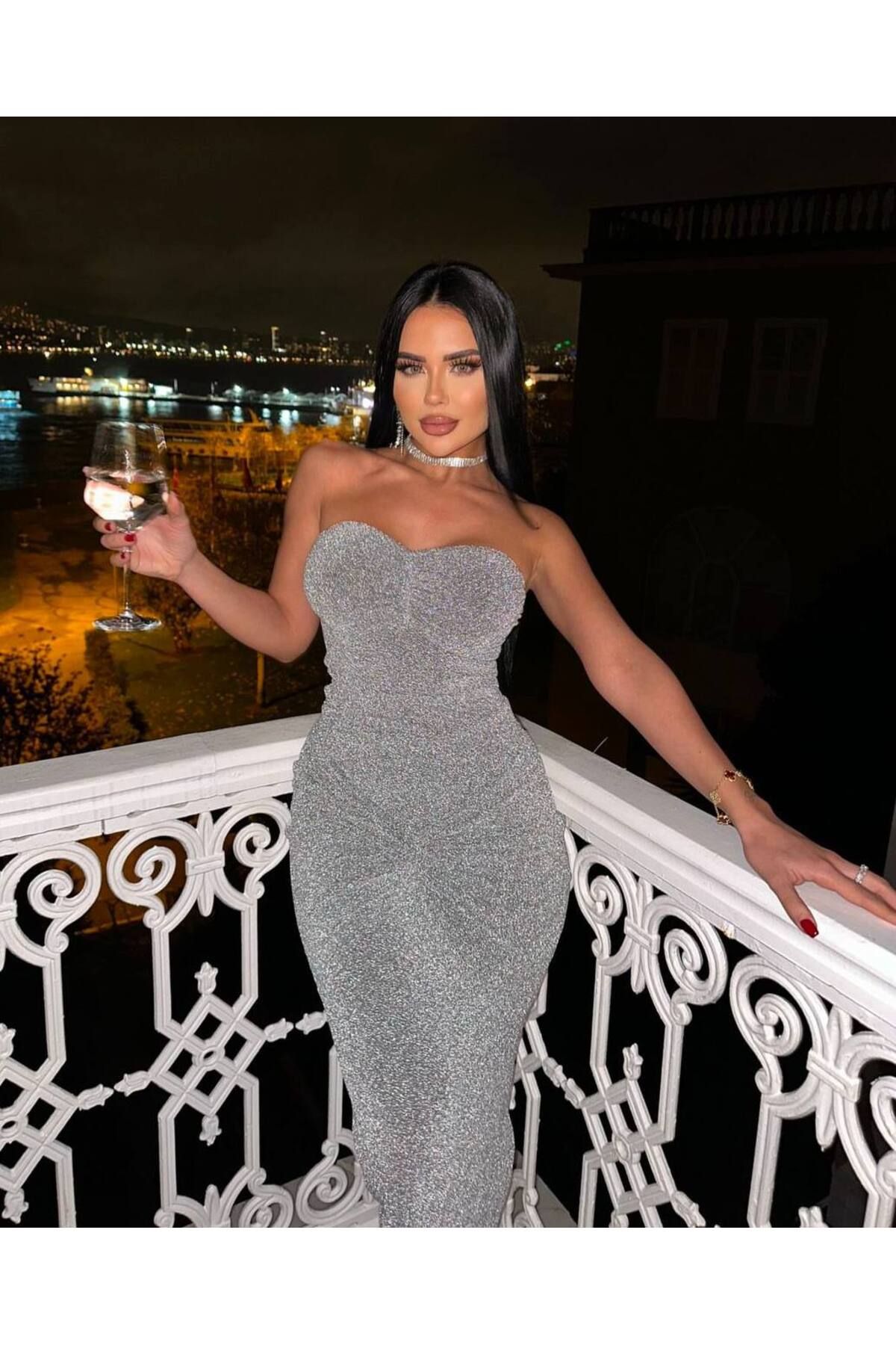 NİCE STYLE KADIN STRAPLEZ YAKA FUL LİKRALI KALEM ELBİSE