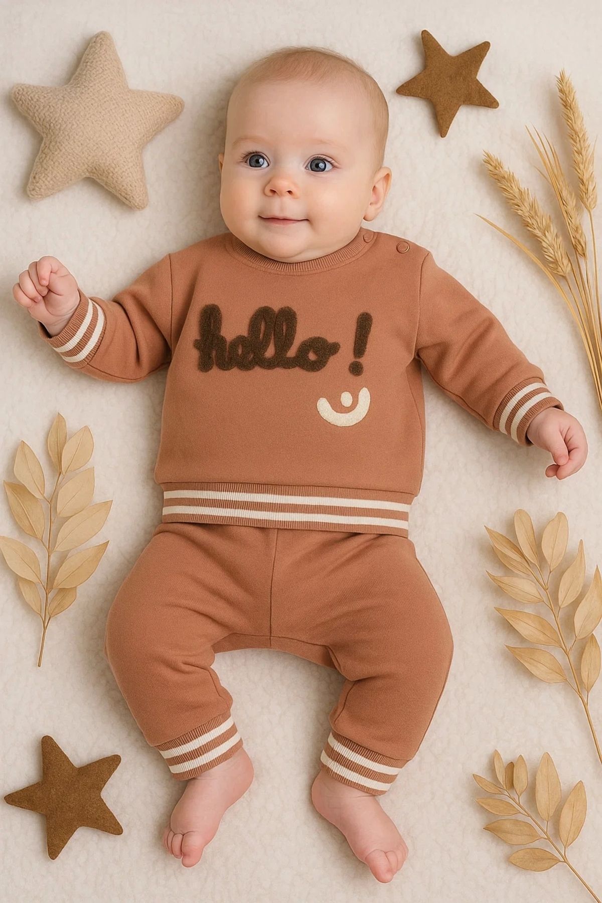 Beruflic Hello Nakışlı % 100 Pamuk 2'li Erkek Bebek Takım