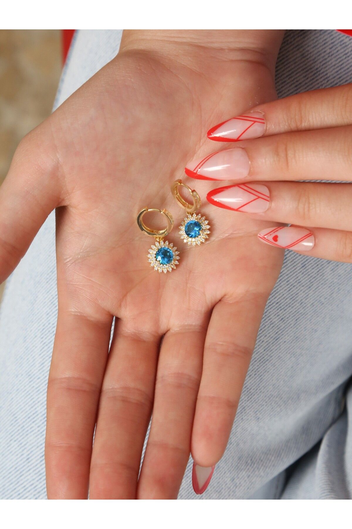LİNOVE JEWELLERY Blu Topaz Güneş Küpe, 925 Ayar Gümüş Küpe, Mavi Topaz Küpe, Güneş Model Küpe