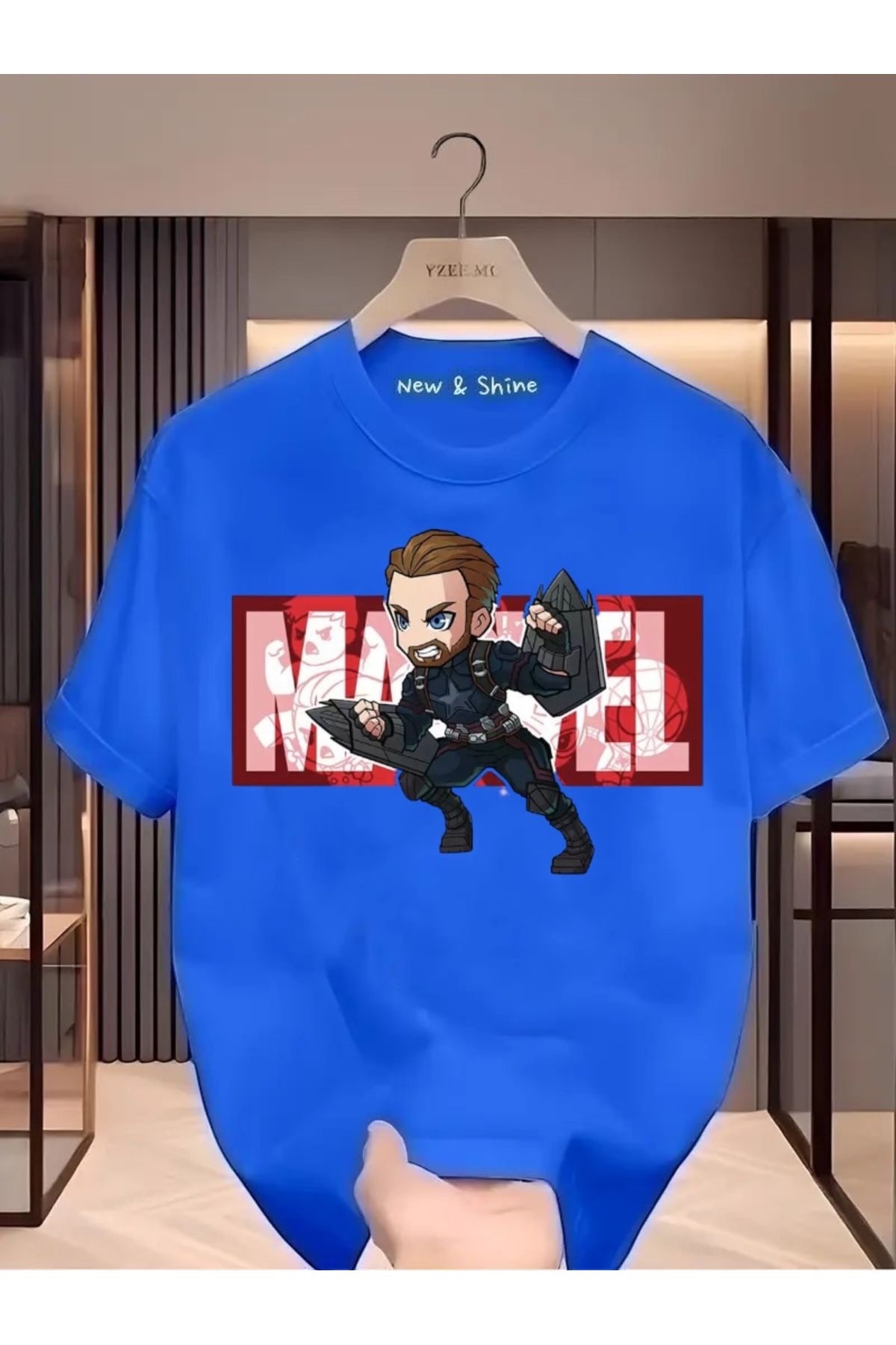 New Shine Süper Kahraman Kaptan Amerika Baskılı Oversize T-Shirt