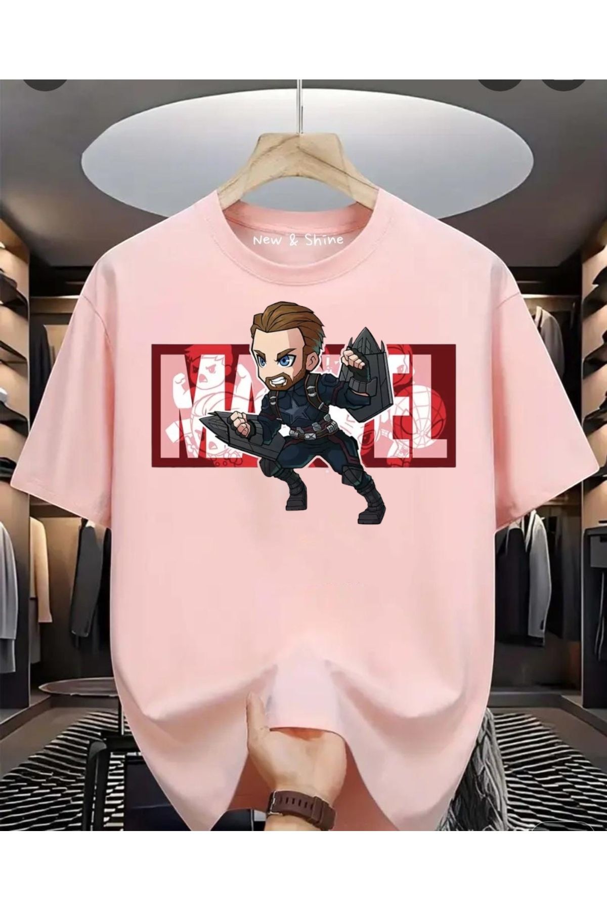 New Shine Süper Kahraman Kaptan Amerika Baskılı Oversize T-Shirt