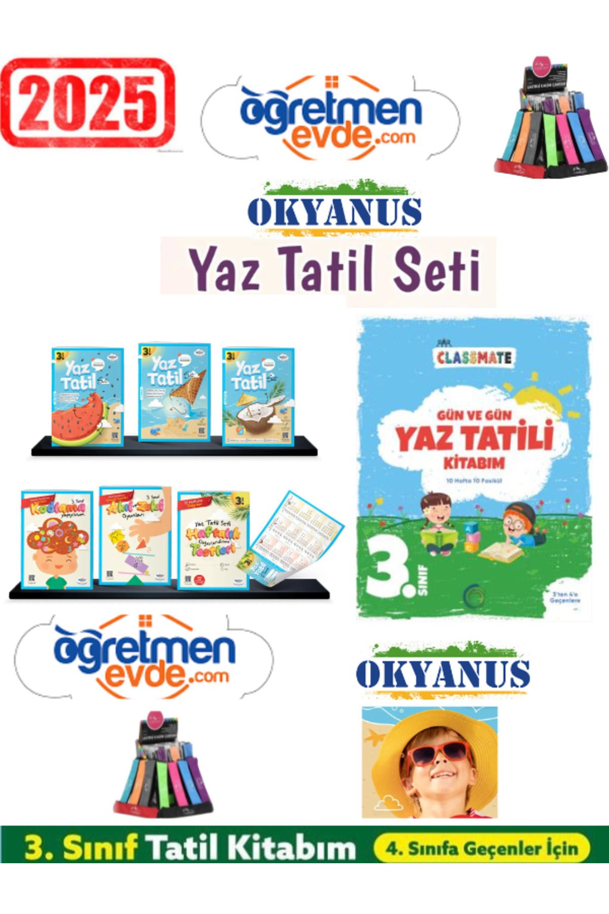 Ens Yayıncılık Öğretmen Evde 2025 3.Sınıf 18 Parça Yaz Tatil+Okyanus 3.Sınıf Yaz Tatil 12 Kitap(Yeni Ürün)+Kalemlik