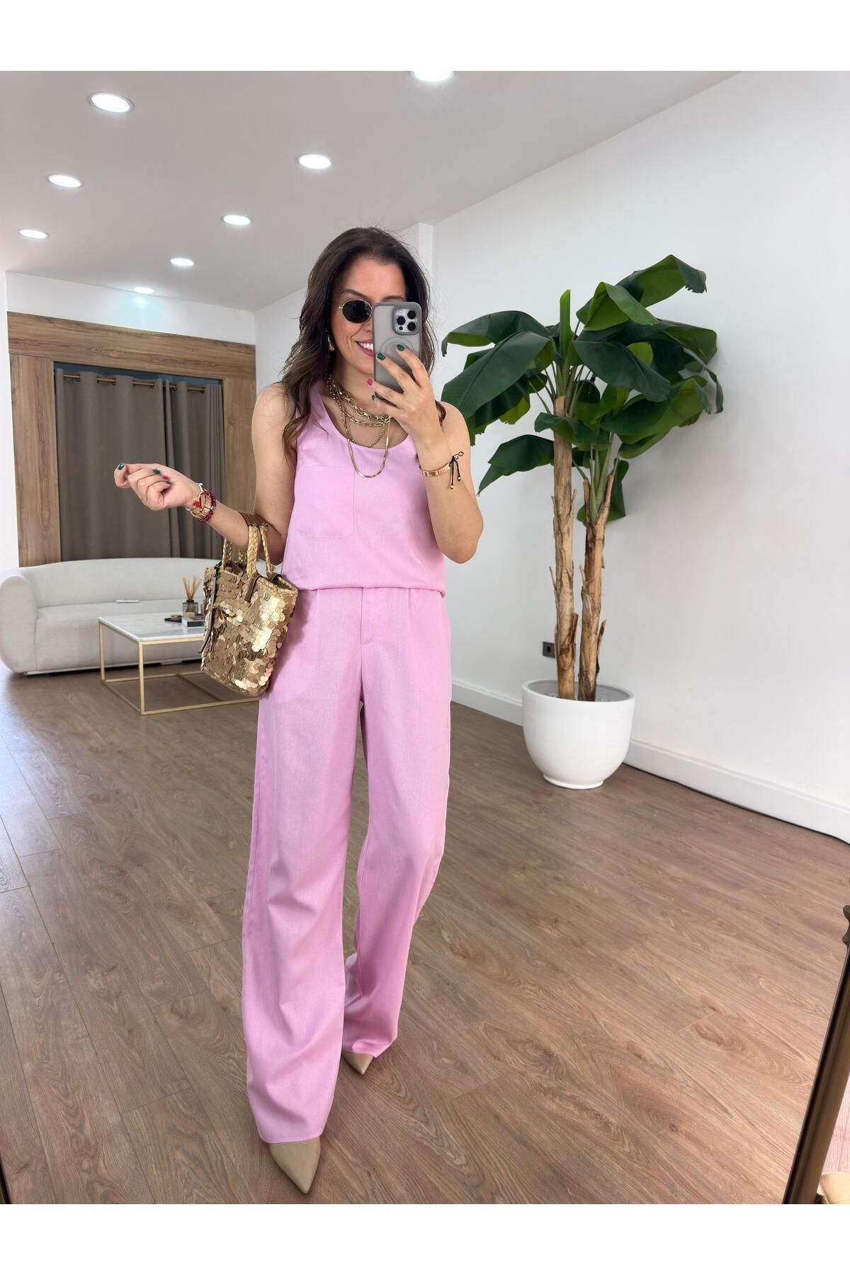 2she Kare Yaka Keten Pantolon Bluz Takım - Pembe