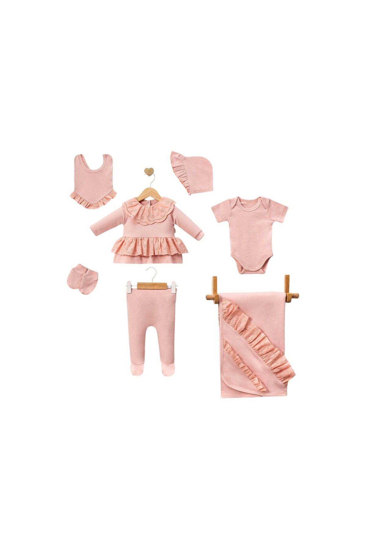 Your Store Bebe Yaka Fistolu %100 Pamuk Yenidoğan Kız Bebek 7 Parça Hastane Çıkışı Zıbın Seti