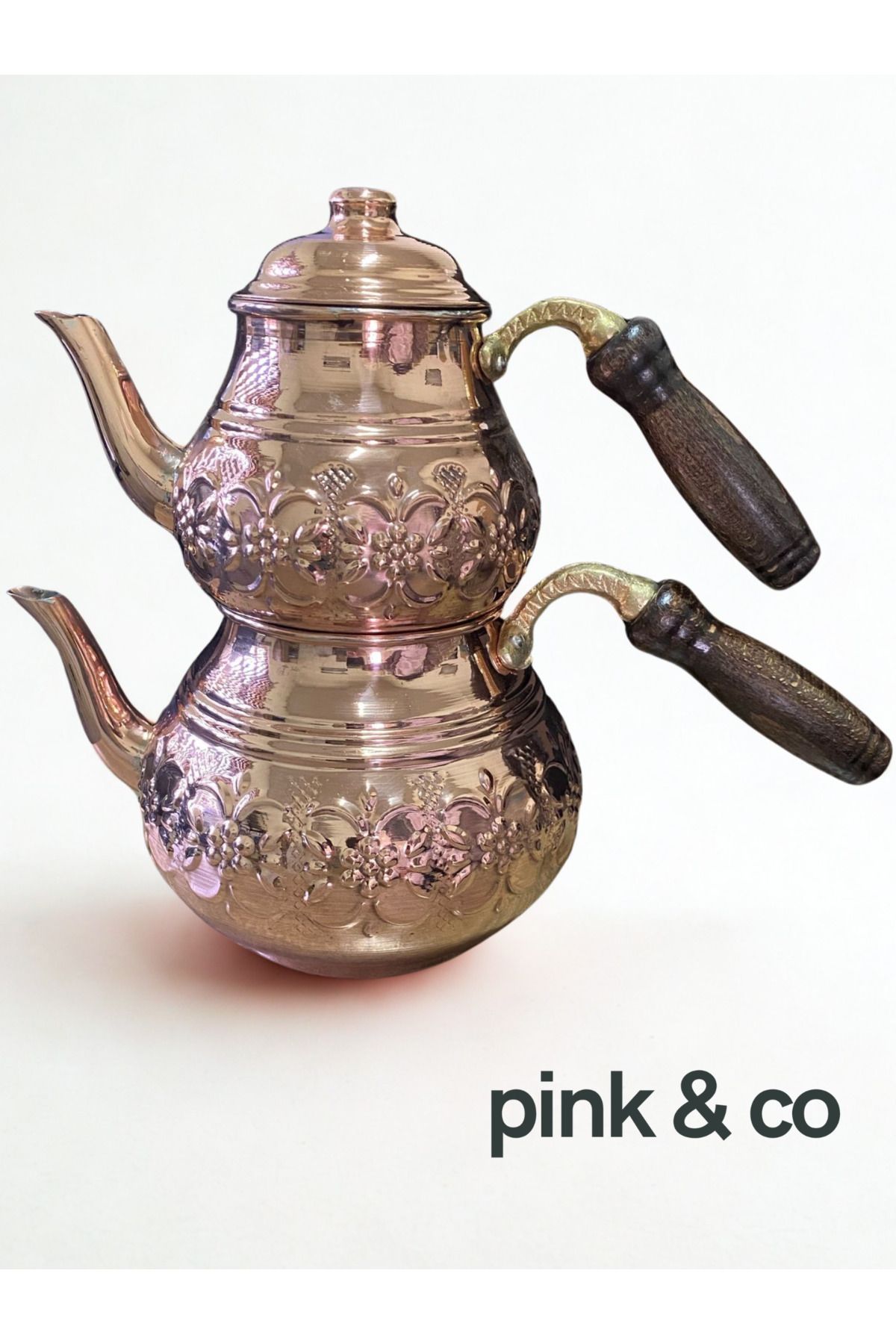 Pink & Co El Yapımı Kalaylı Saf Bakır Çift Demlik – 3 Litre Kapasiteli Geleneksel Çaydanlık
