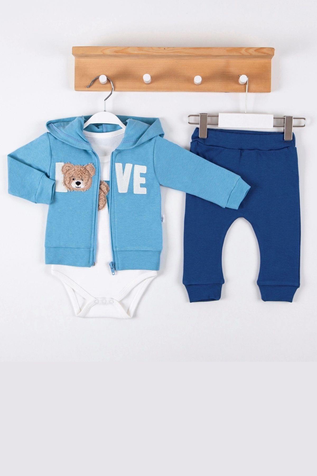 Beruflic Love Bear Nakışlı % 100 Pamuk Hırkalı 3'lü Erkek Takım