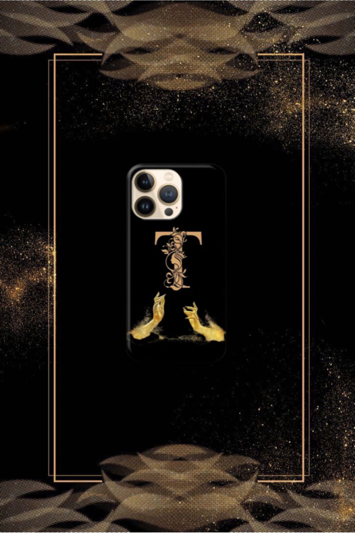 cover shopp Siyah Desenli Gold T Harfi 16 Pro Max
