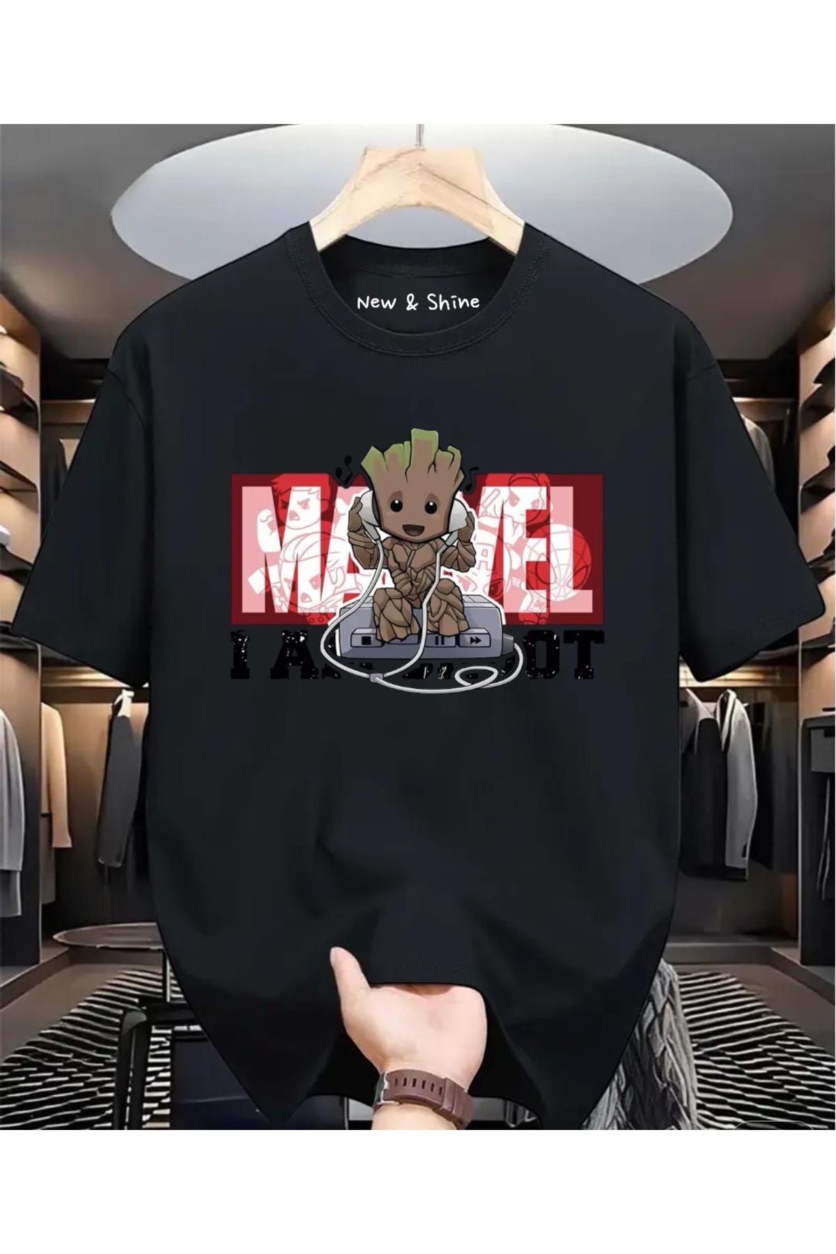 New Shine Süper Kahraman Groot Baskılı Oversize T-Shirt