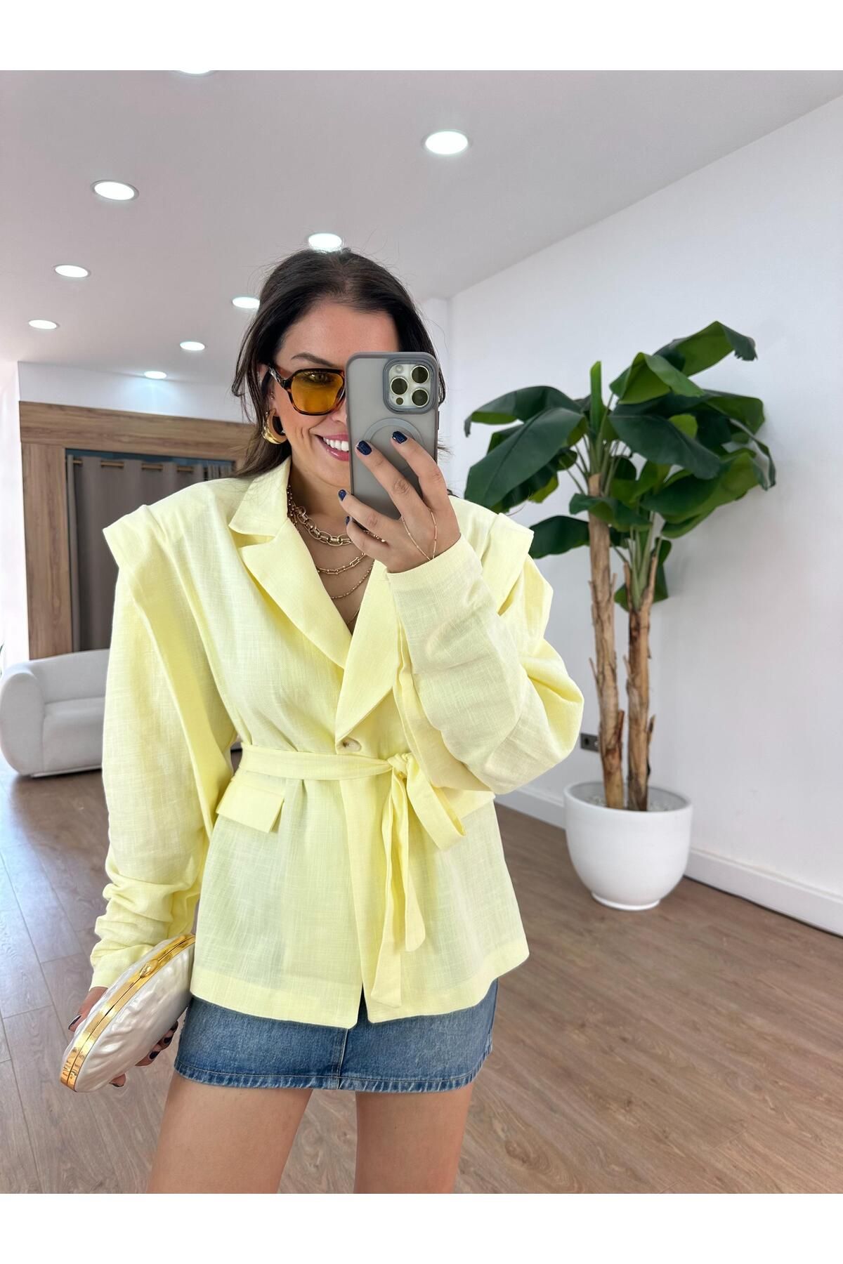2she Oversize Keten Blazer Ceket - Sarı