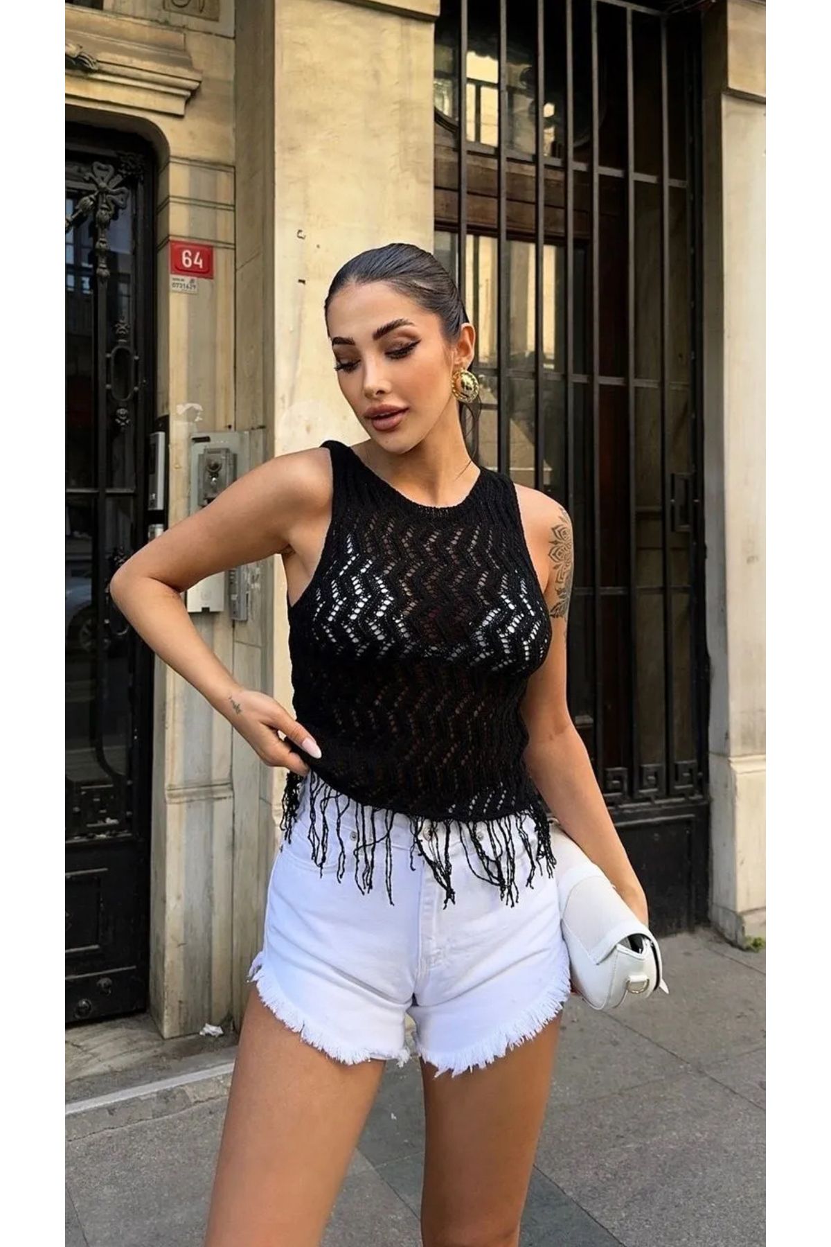 Noi Belis Siyah Püskül Detaylı Crop Boy Ajurlu/delikli Ince Yazlık Bluz Ss25bz0022