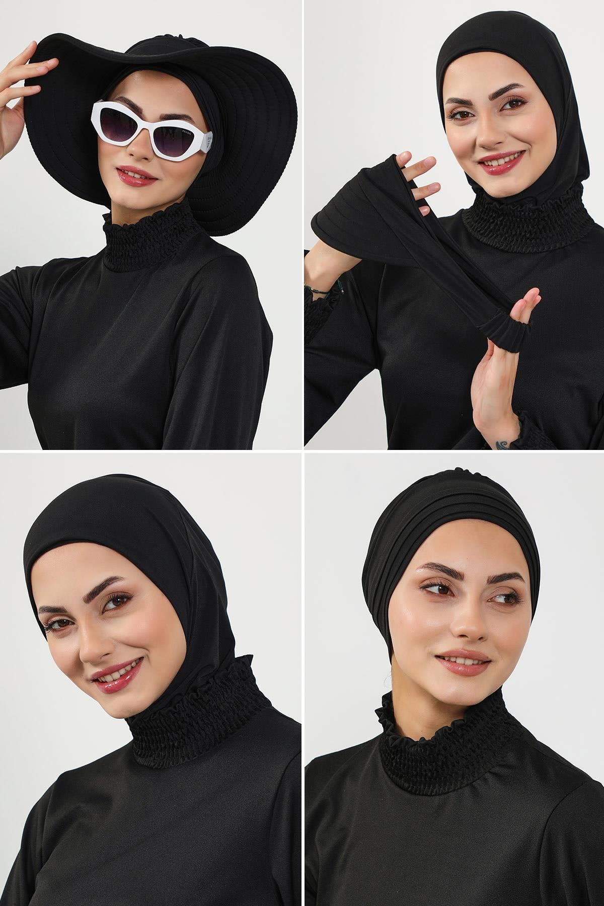 Aisha's Design 4'lü Bone,Siperlik ve Şapka Seti Tesettür (Deniz,Havuz) Yüzücü Bonesi,ST-2SN