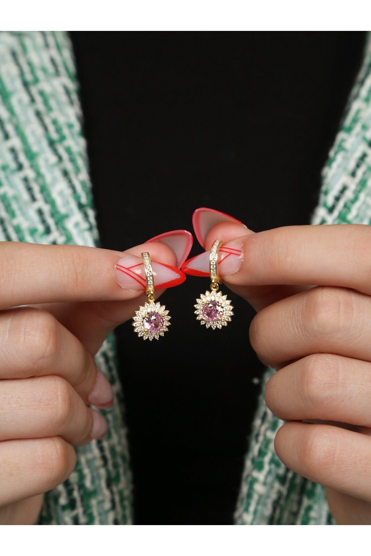 LİNOVE JEWELLERY Pink Gümüş Küpe, 925 Ayar Gümüş Küpe, Güneş Motifli Küpe, Pembe Taşlı Gümüş Küpe
