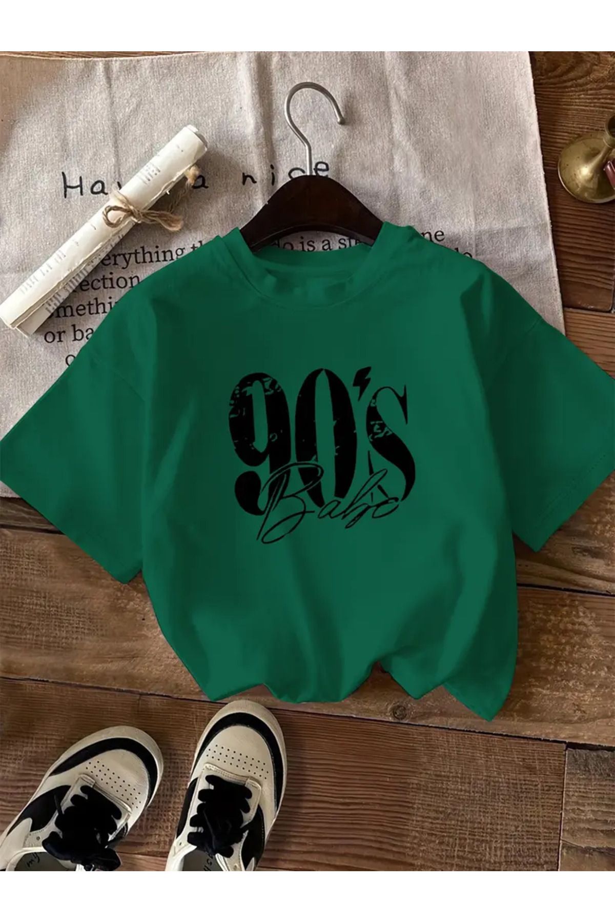 GALASHOP 90 lar Desenli Kısa Kollu Rahat Yuvarlak Yaka T-Shirt