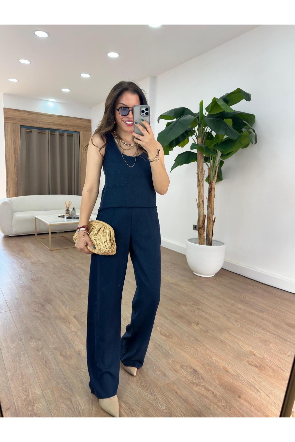 2she Kare Yaka Keten Pantolon Bluz Takım - Lacivert