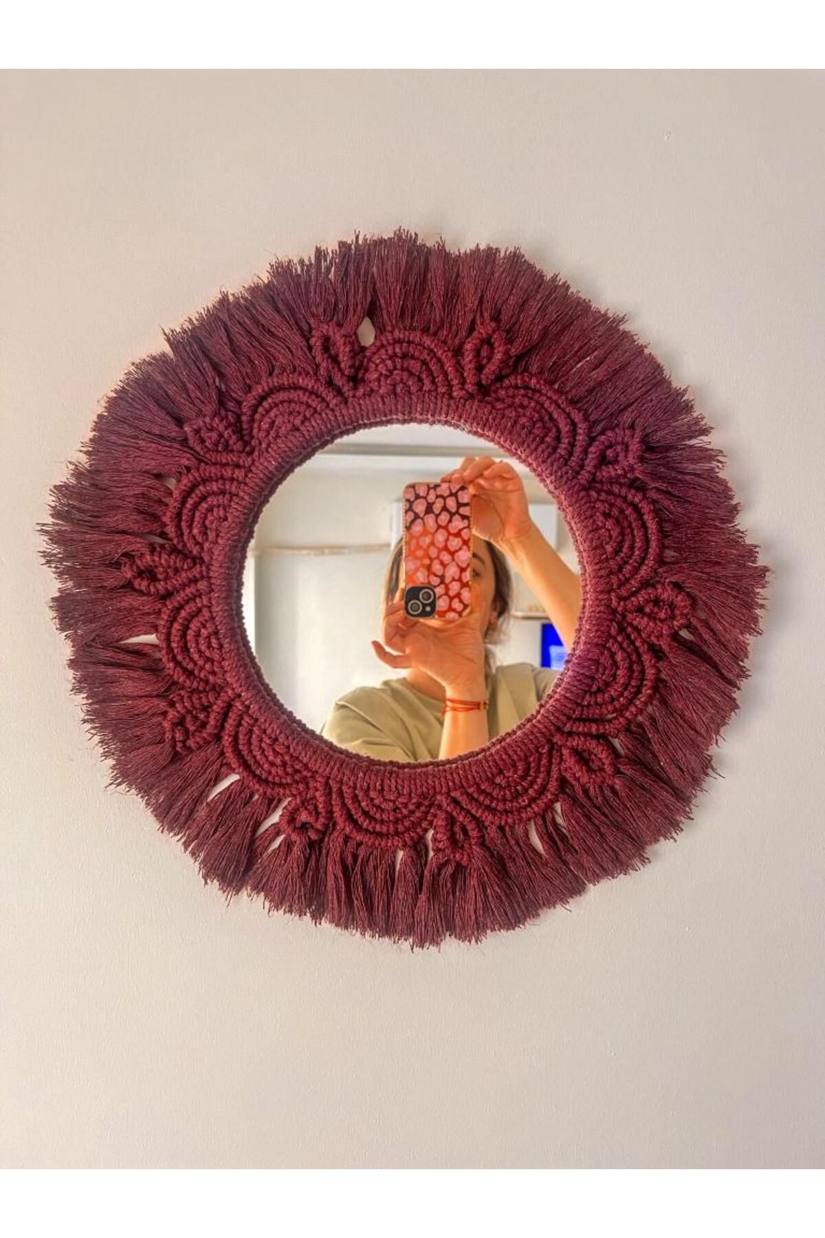 HANIMEFENDY Bohem Tarzı Mor Makrome Duvar Aynası – El Yapımı 37x37 cm