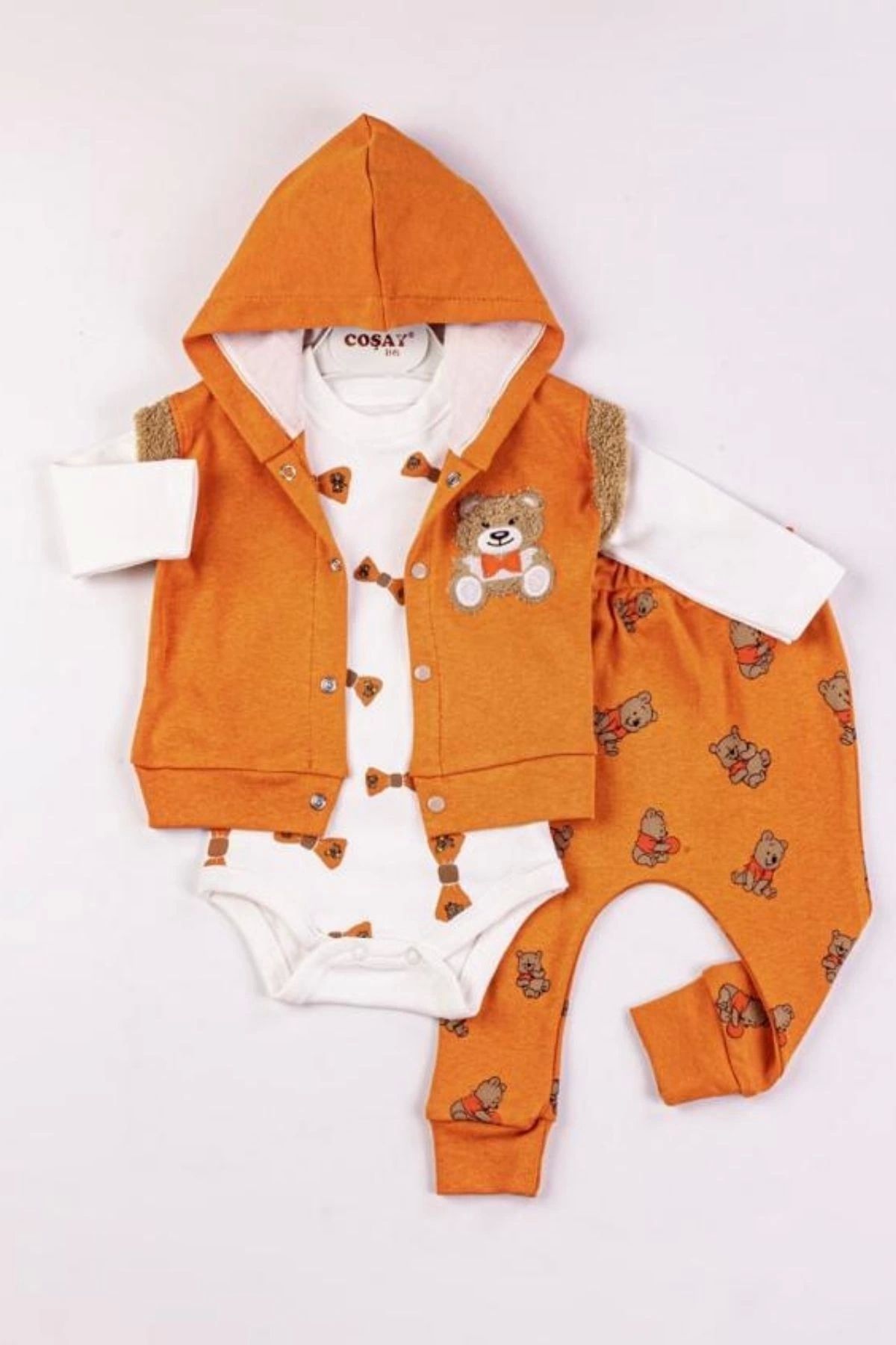 Beruflic Bear Nakışlı Yelekli 3'lü Erkek Bebek Takımı