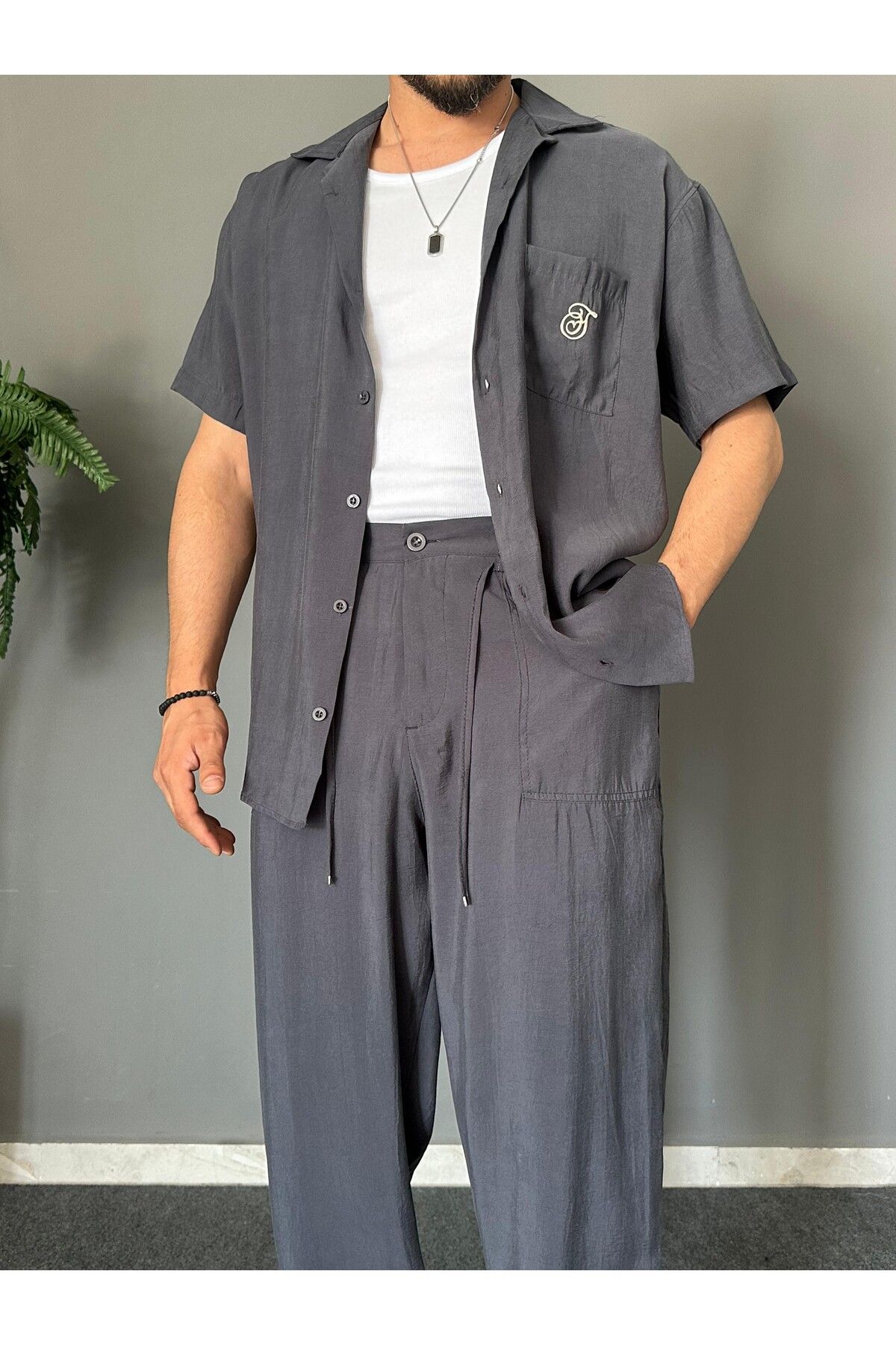 THEMANN Apaş Yakalı Nakışlı Baggy Antrasit Takım