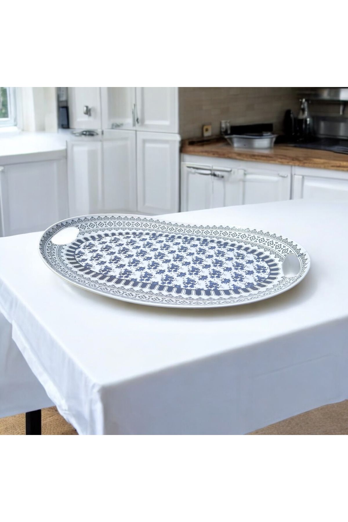 Form Desenli Oval Melamin Tepsi 53x35 cm – Kırılmaz, Dayanıklı Sunum Tepsisi