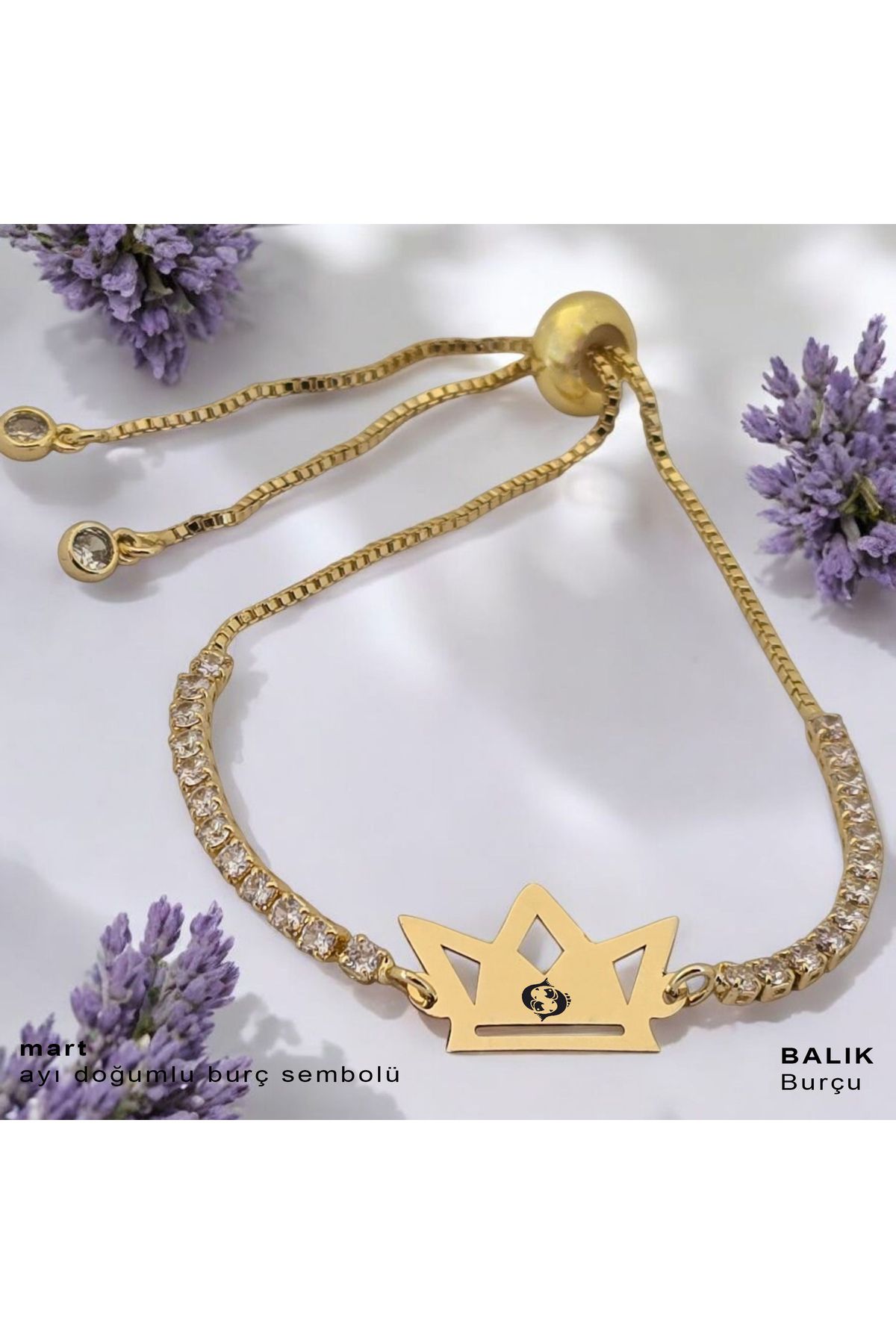 ARCHINO GOLD Balık Burçları İçin Zincirli Taç Motifli 14 Ayar Altın Plakalı Hediye Bileklik-471burç-beyaztaş