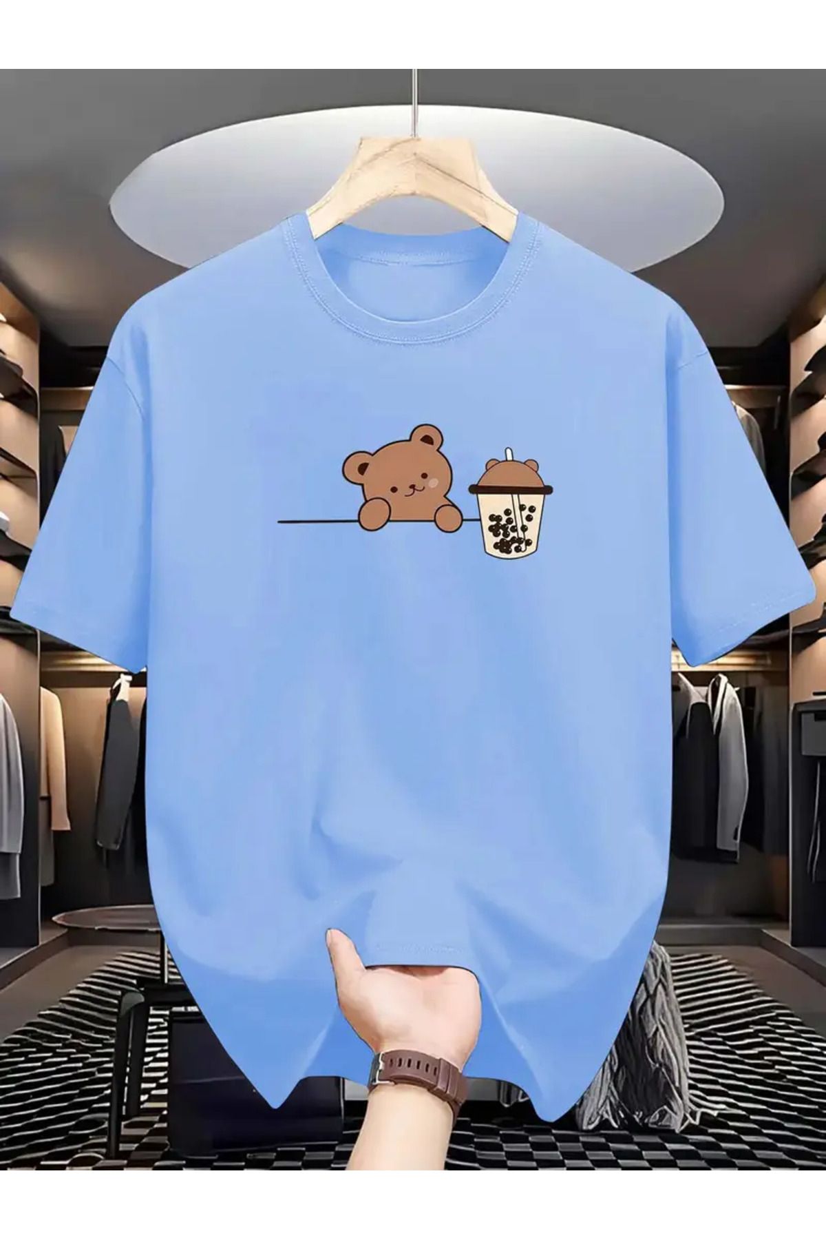 GALASHOP Erkekler için Sütlü Çay ve Ayı Baskılı Rahat Yuvarlak Yaka Tişört