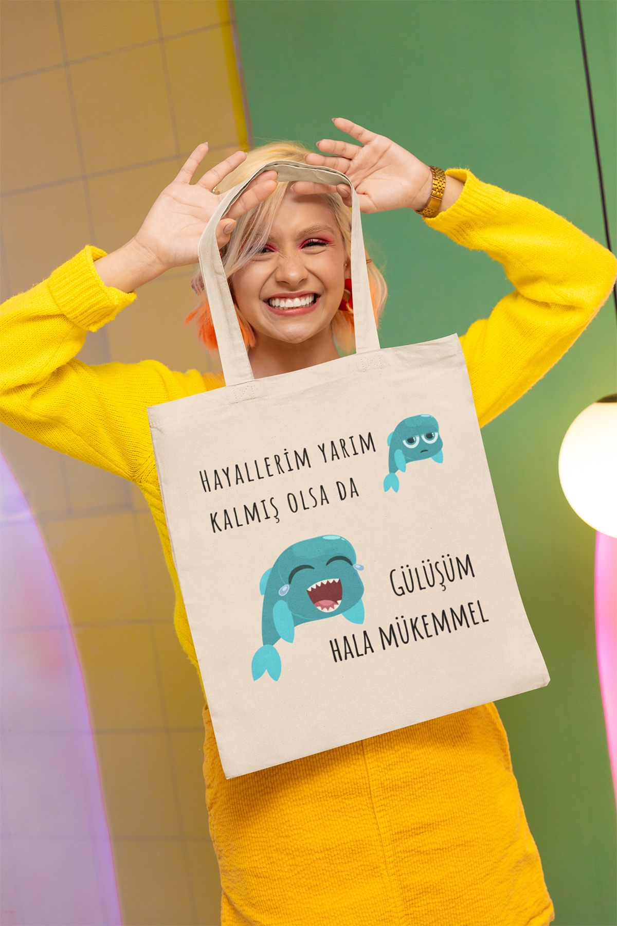qoeuyl boutique Gülüşüm Hâlâ Mükemmel Baskılı Eğlenceli Hediyelik Bej %100 Pamuklu Ham Bez Bej Çanta
