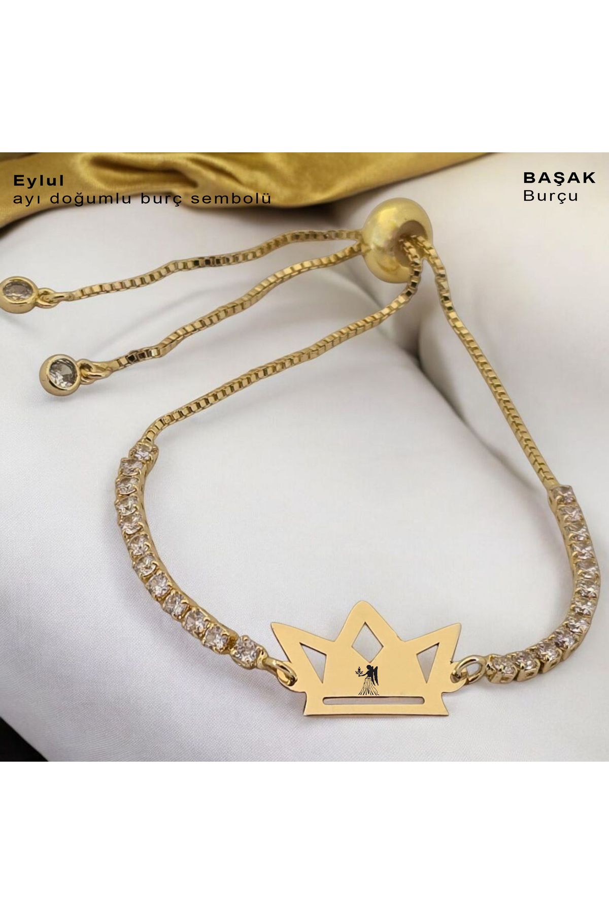 ARCHINO GOLD Başak Burçları İçin Zincirli Taç Motifli 14 Ayar Altın Plakalı Hediye Bileklik-471burç-beyaztaş