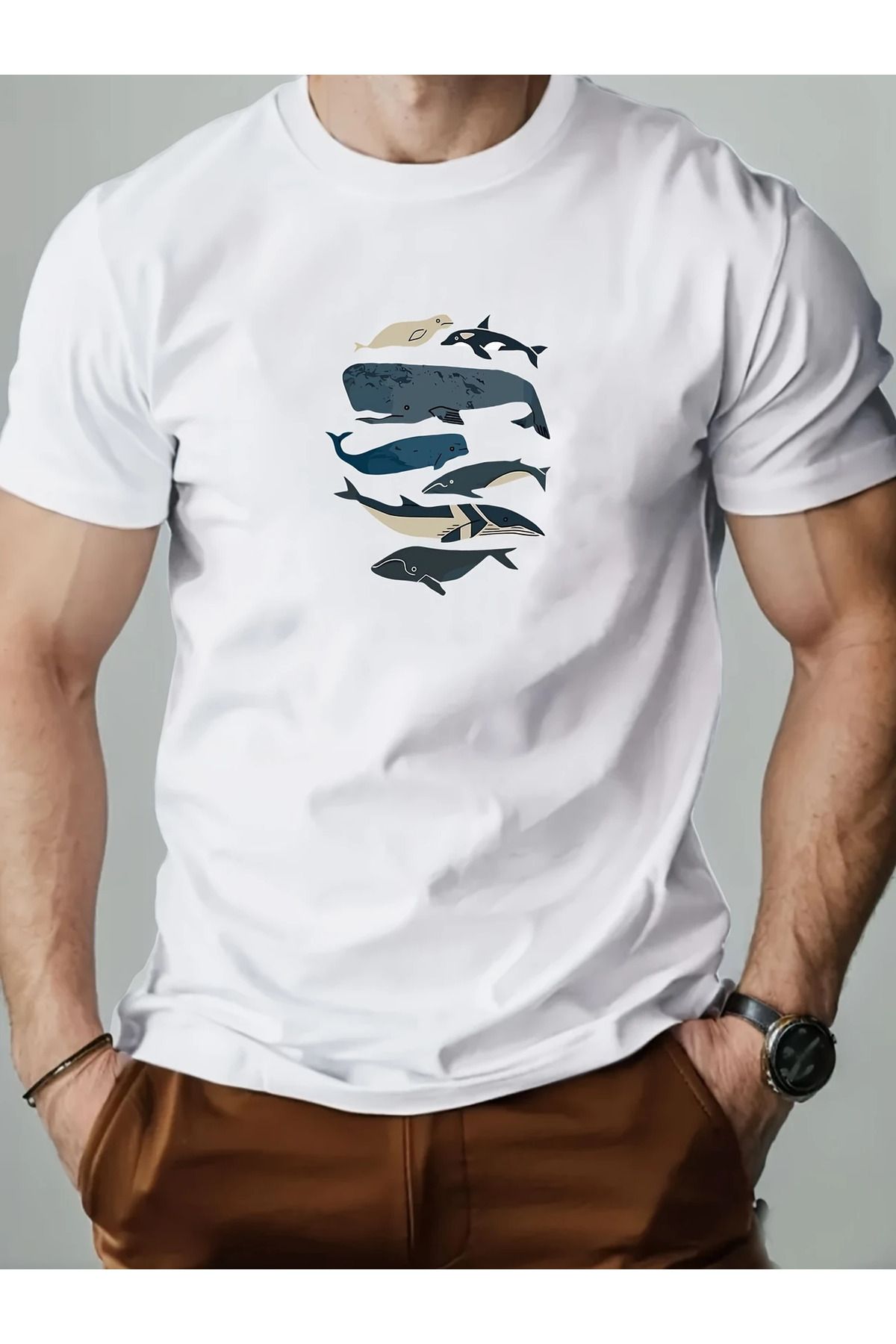 LUNAVISTA Marine Life Baskılı Bisiklet Yaka Kısa Kol T-shirt