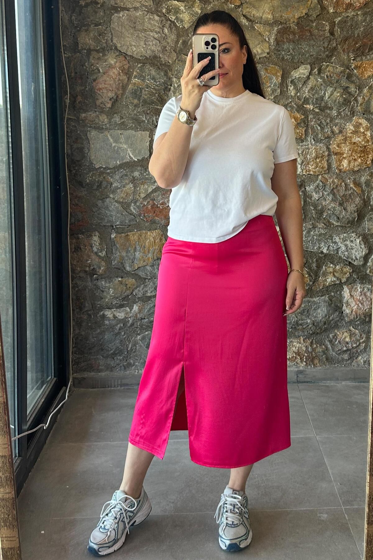 Mine Sabuncuoğlu Clair Saten Etek Pembe