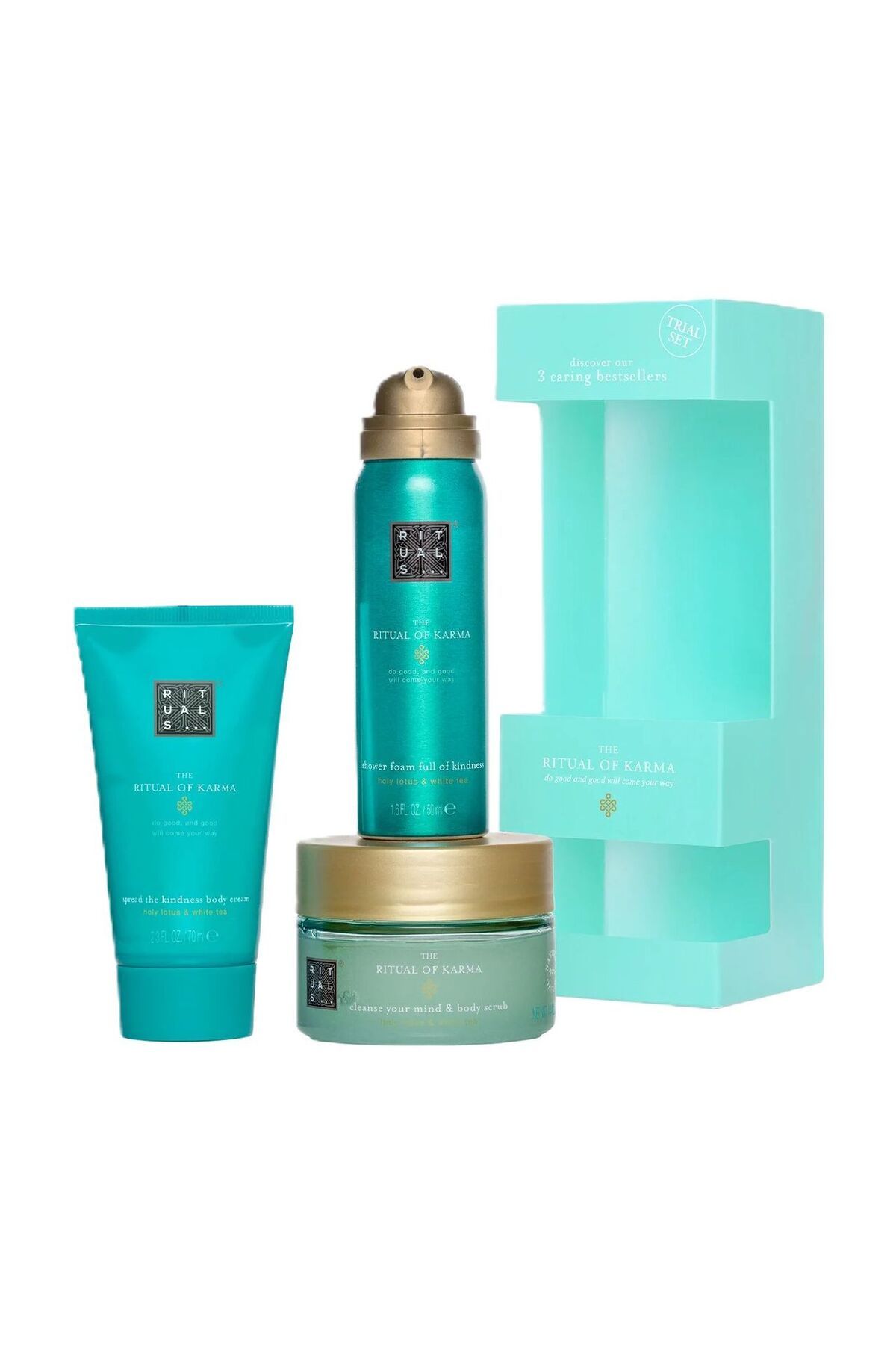 Rituals The Ritual of Karma Bakım Seti, Lotus Çiçeği ve Beyaz Çay Kokulu Vücut Kremi, Duş Jeli ve Peeling