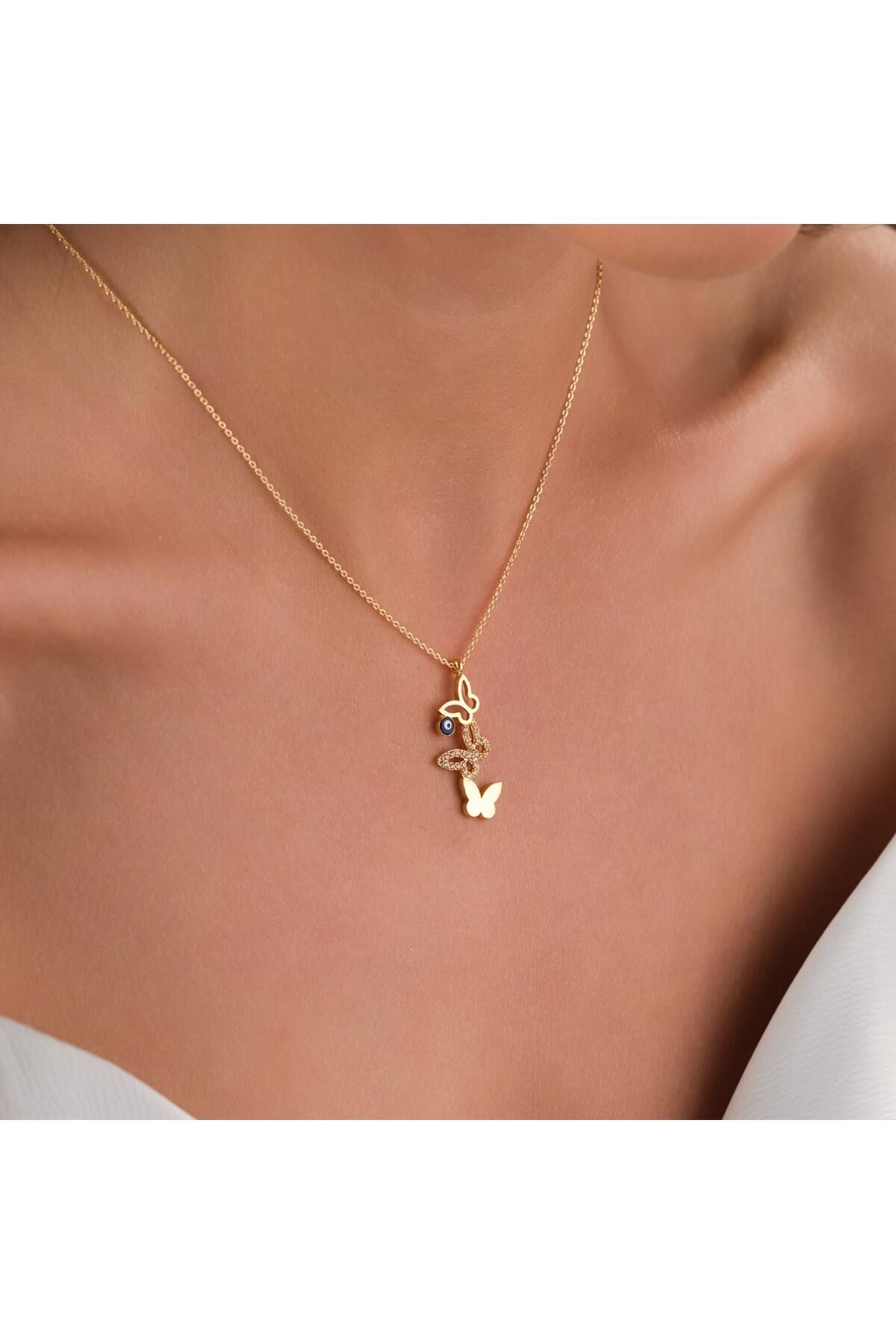 HOBİSY GIFT SHOP Zirkon Taşlı Nazar Boncuklu Kelebek Çelik Kolye – Altın Renk, Kararmaz, Antialerjik