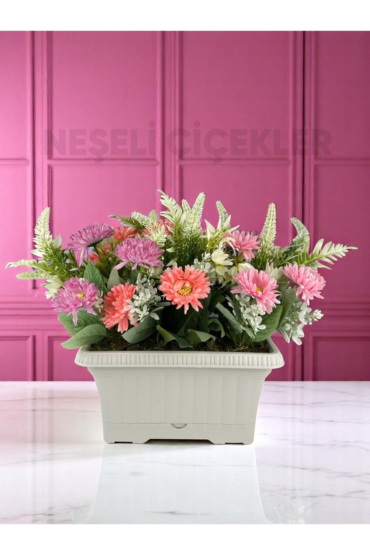 NEŞELİ ÇİÇEKLER Saksılı Yapay Çiçek Bahar Çiçekleri Dekoratif Plastik Askılı Saksı 35X30cm Balkon Bahçe Dekorasyon