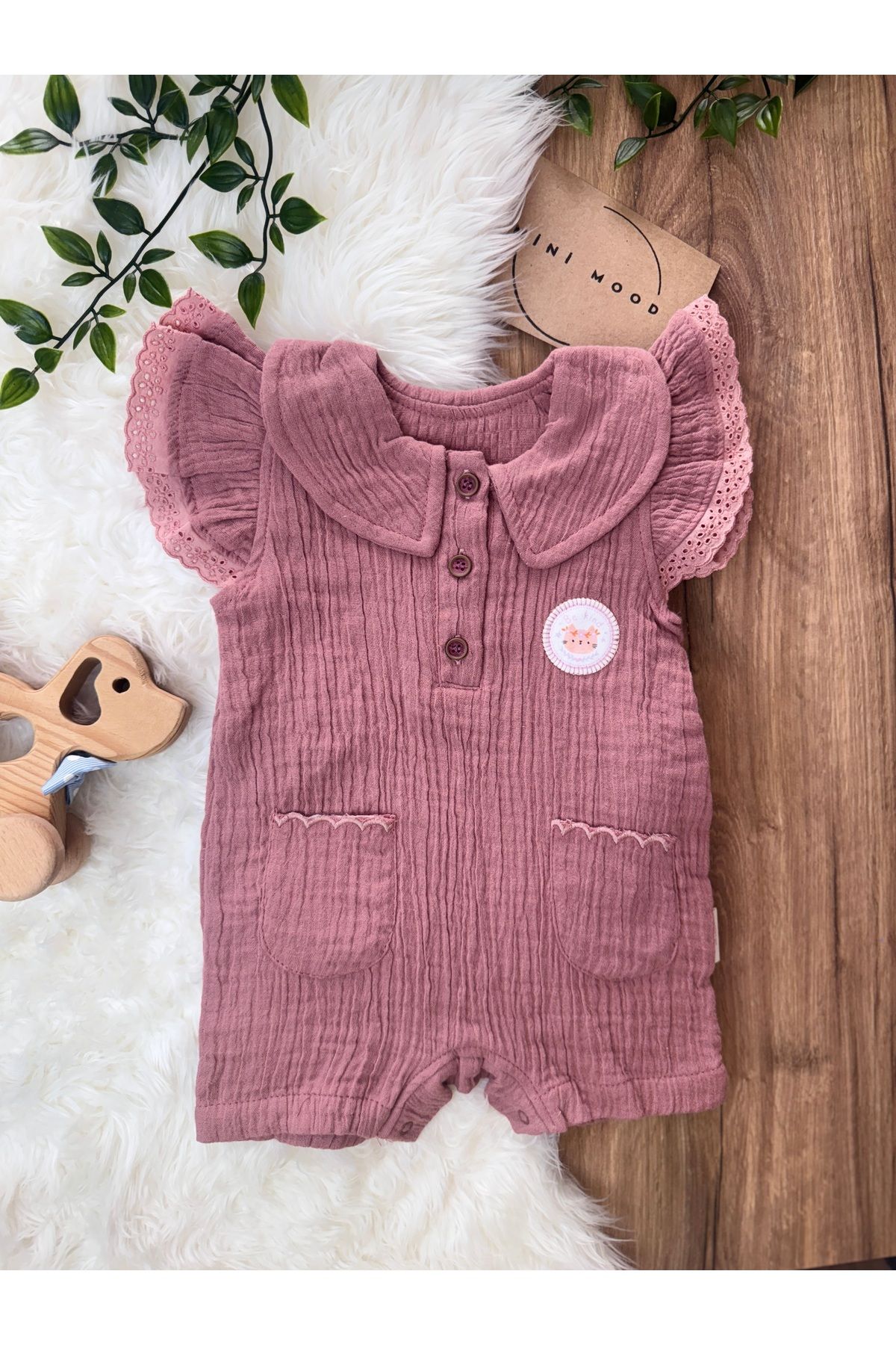 Necix's 👶 Dantel Kol Detaylı Müslin Tulum / %100 Pamuk/ Gül Kurusu