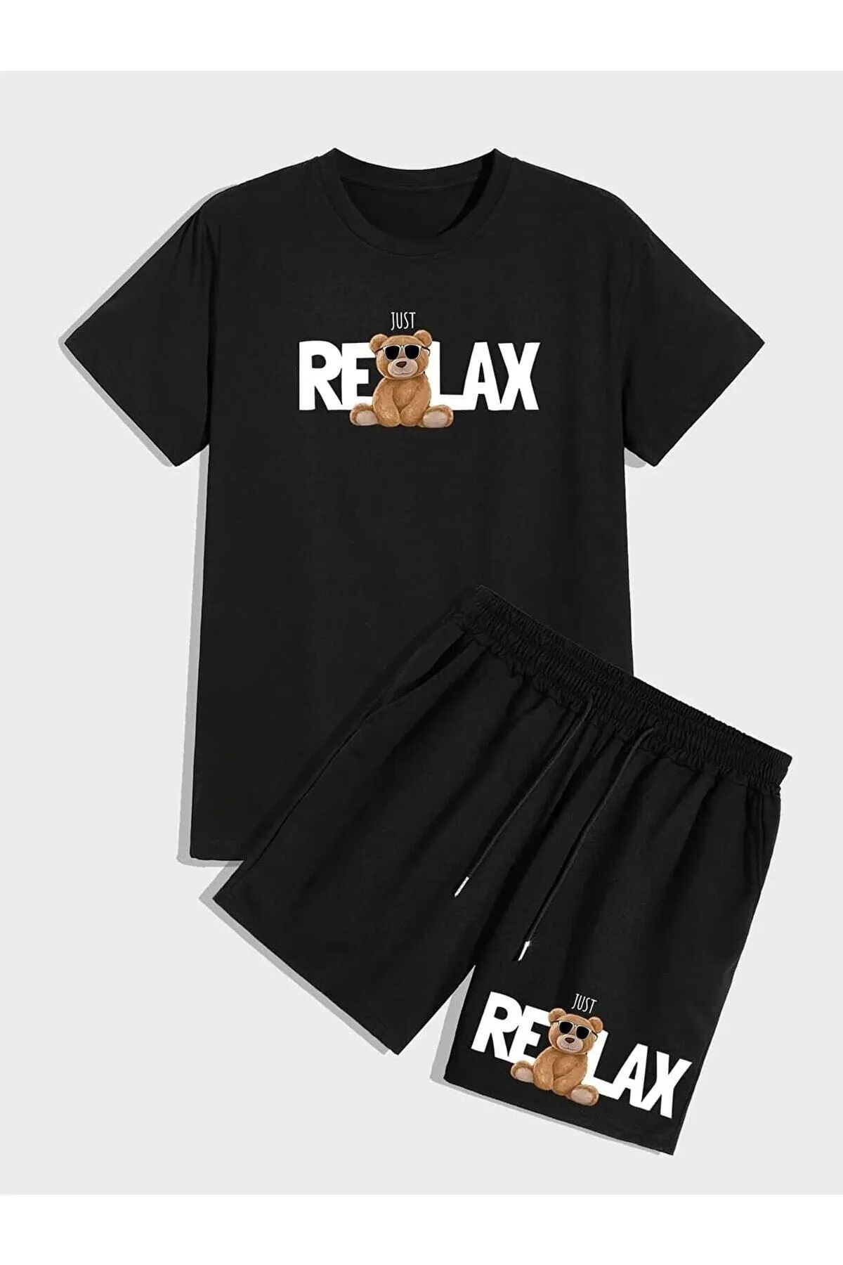DEEPSENSE Erkek Siyah T-shirt Siyah Penye Relax Ayıcık Baskılı Short Takım