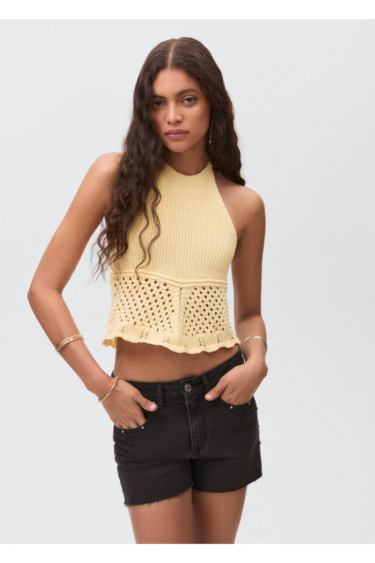 Halter yaka triko bluz