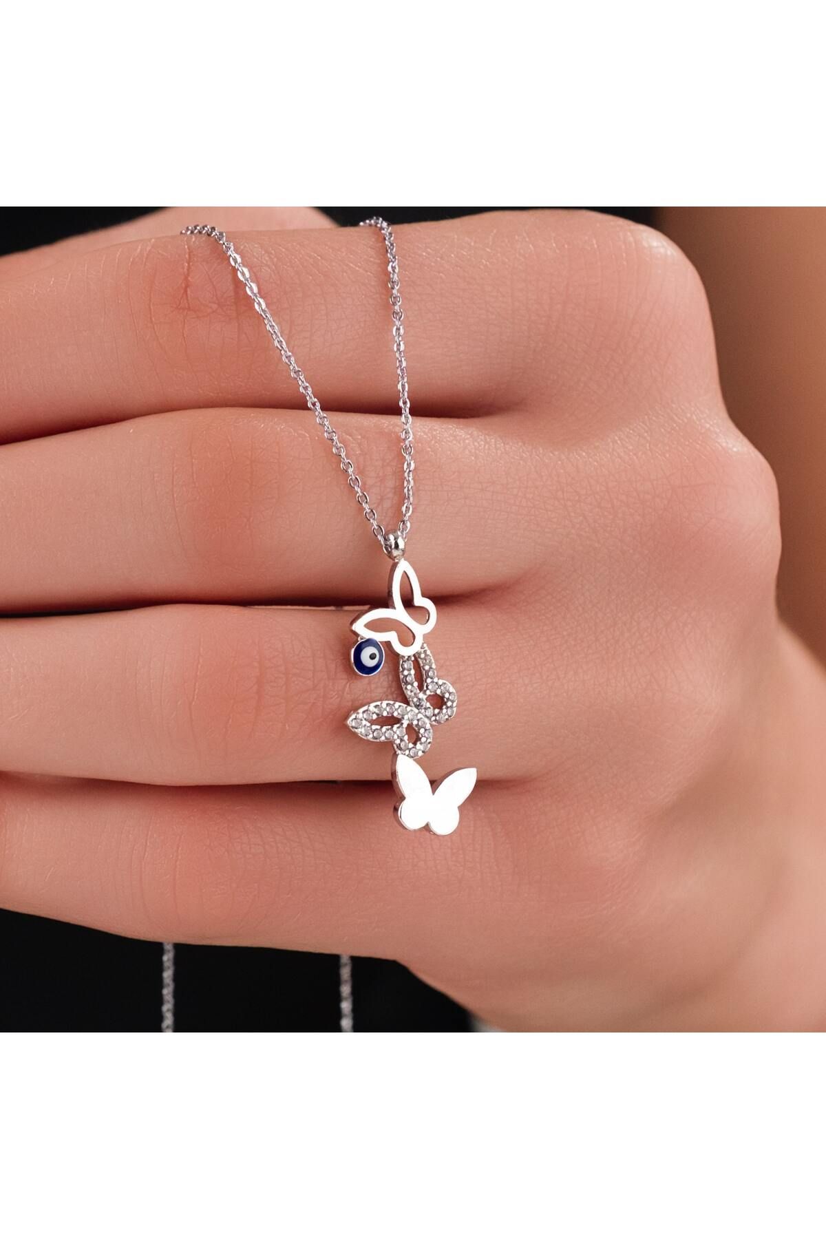 HOBİSY GIFT SHOP Zirkon Taşlı Nazar Boncuklu Kelebek Çelik Kolye – Gümüş Renk, Kararmaz, Antialerjik