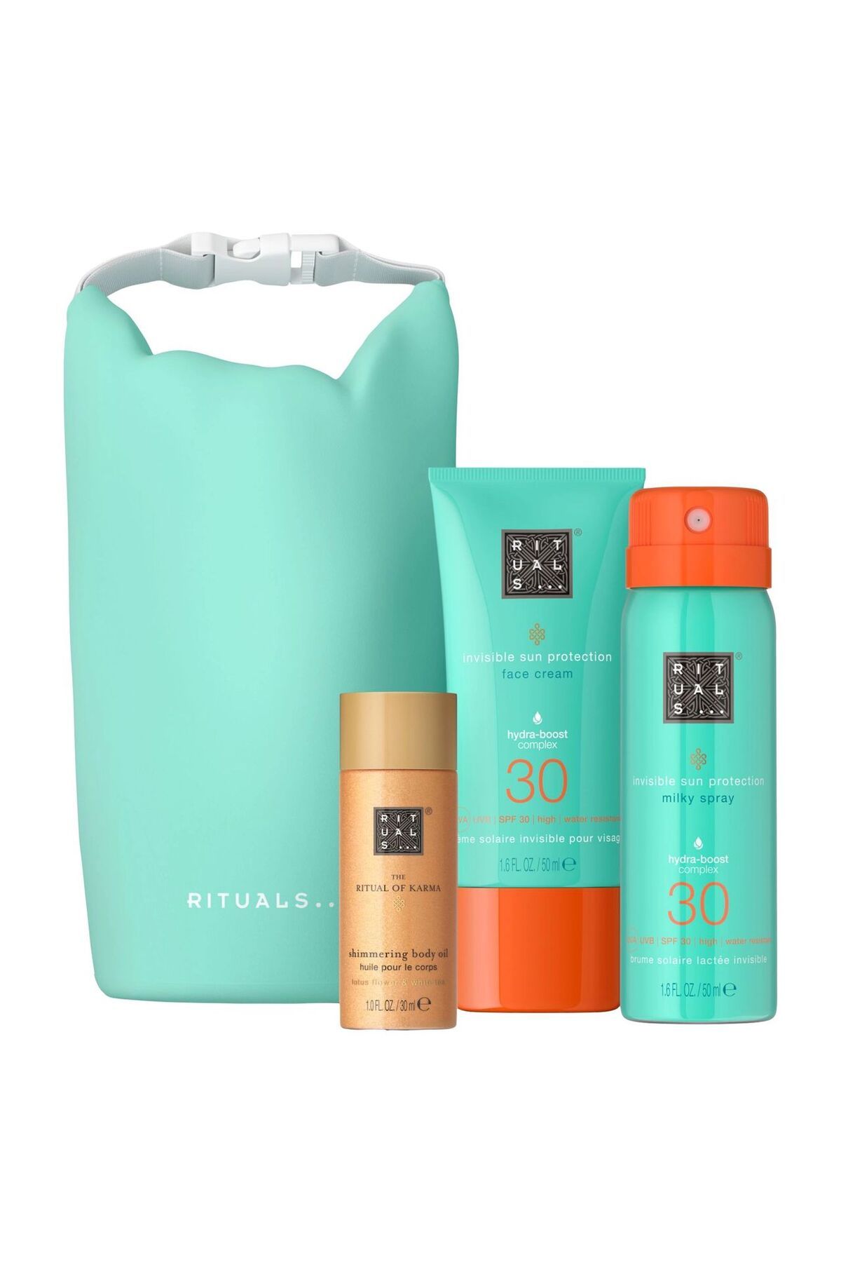 Rituals The Ritual of Karma Deneme Seti SPF 30, Yüz Kremi, Güneş Spreyi, Vücut Yağı ve Su Geçirmez Çanta