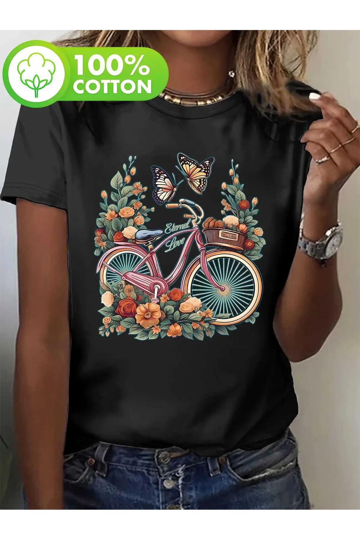 Pink Sky Pamuklu Oversize Butterfly Bicycle Baskılı Kısa Kollu Bisiklet Yaka Rahat Günlük T-shirt