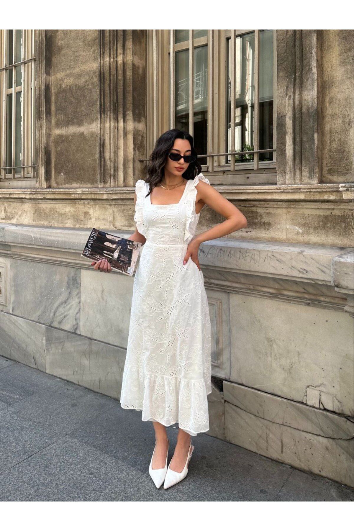Viskosa Dantel Midi Elbise Kadın, Fırfırlı Askılı Kare Yaka Şık Yazlık Elbise, Moda