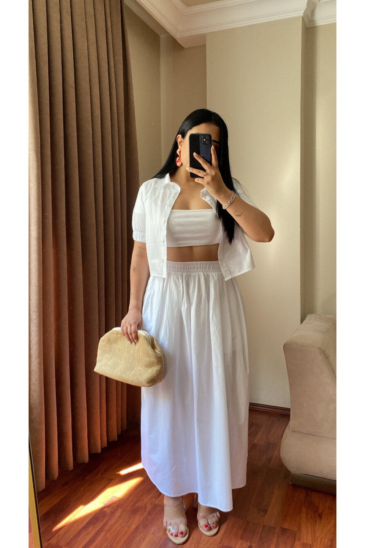 MODA Kadın Gömlek Uzun Etek Beyaz İkili Takım