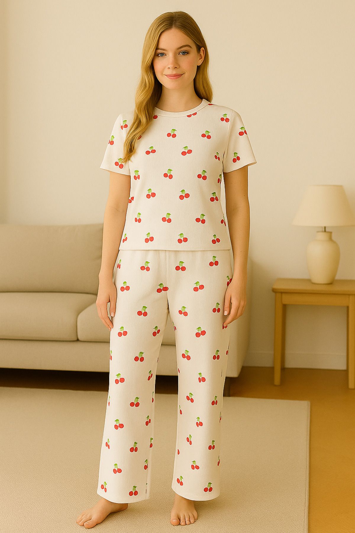 Cherry Lane CherryLane Kadın Beyaz Kiraz Desenli Tişört & Pantolon Takım - 2’li Set